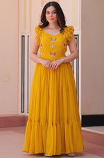 Dazzling Yellow Color Blooming Fabric Gown