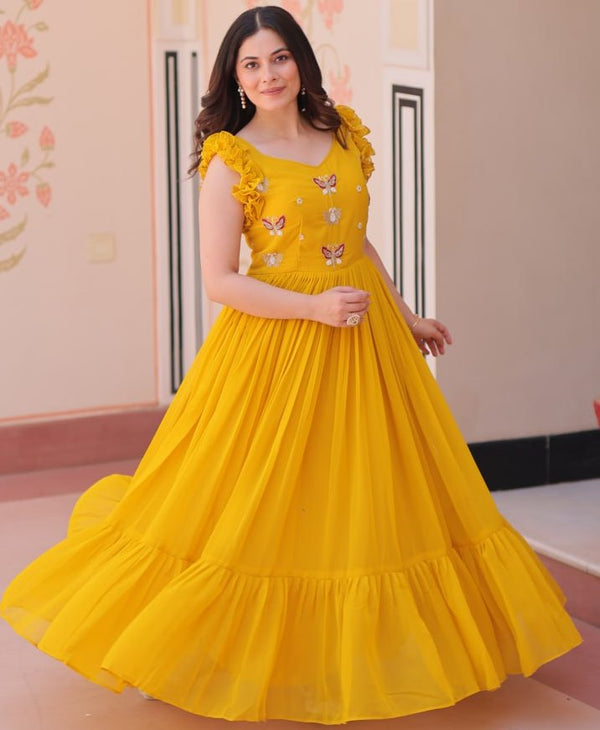 Dazzling Yellow Color Blooming Fabric Gown