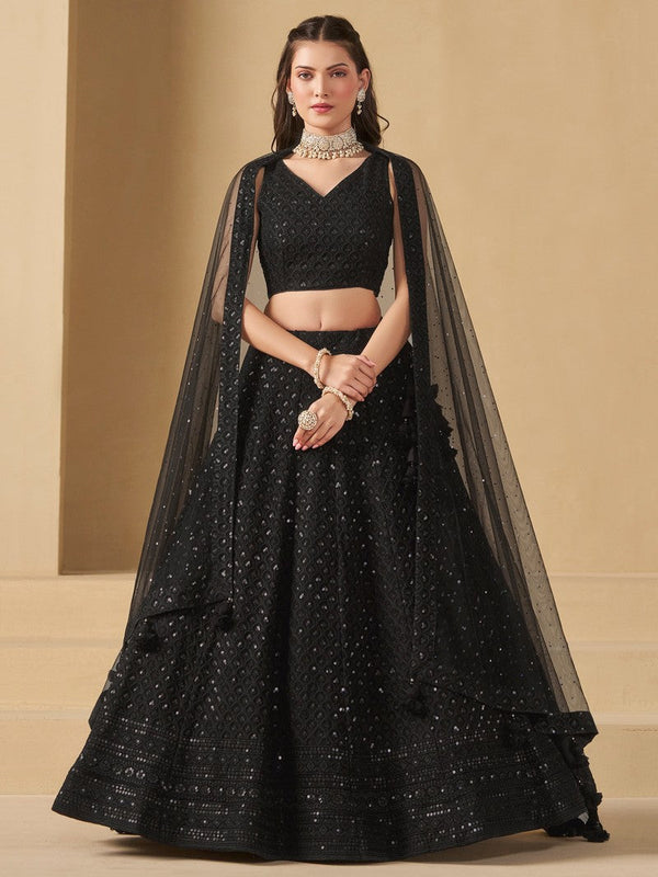 Striking Black Color Georgette Fabric Party Wear Lehenga