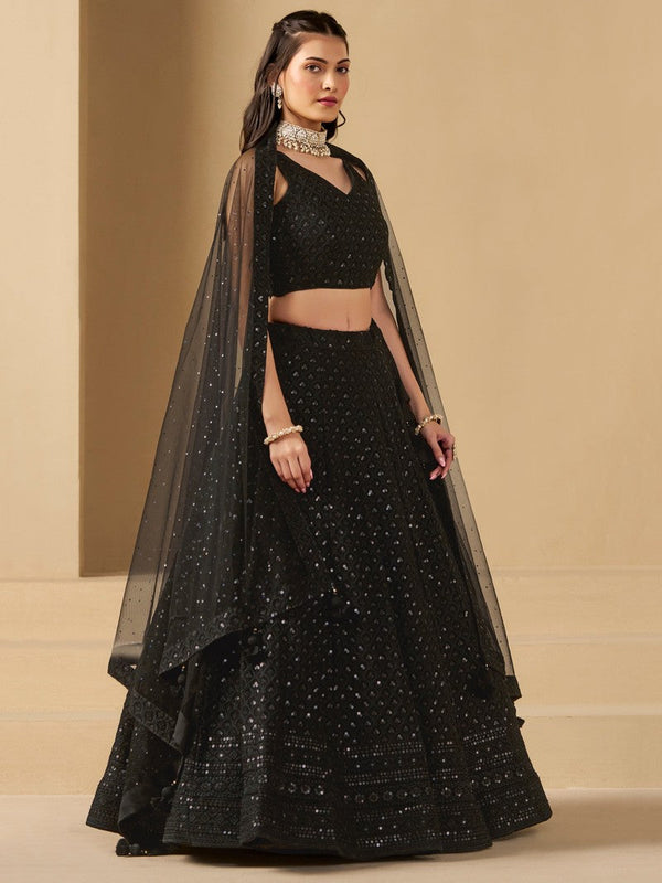 Striking Black Color Georgette Fabric Party Wear Lehenga