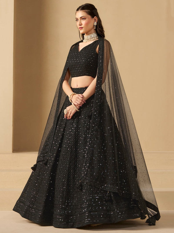 Striking Black Color Georgette Fabric Party Wear Lehenga