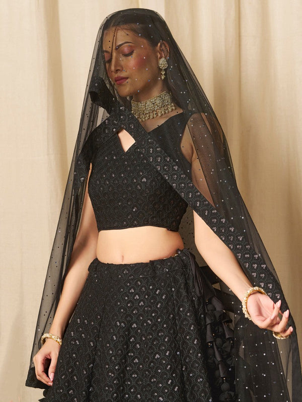 Striking Black Color Georgette Fabric Party Wear Lehenga