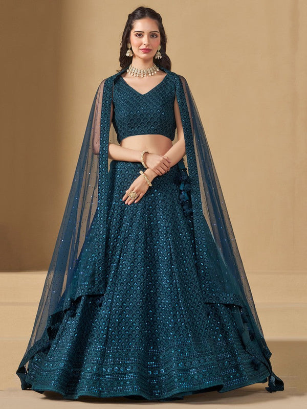 Striking Teal Color Georgette Fabric Party Wear Lehenga