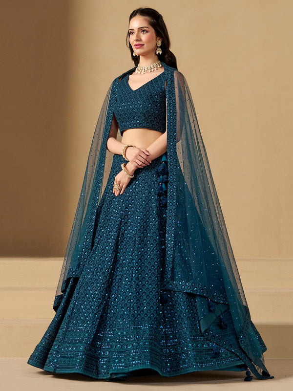 Striking Teal Color Georgette Fabric Party Wear Lehenga