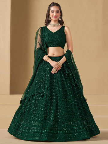 Striking Green Color Georgette Fabric Party Wear Lehenga