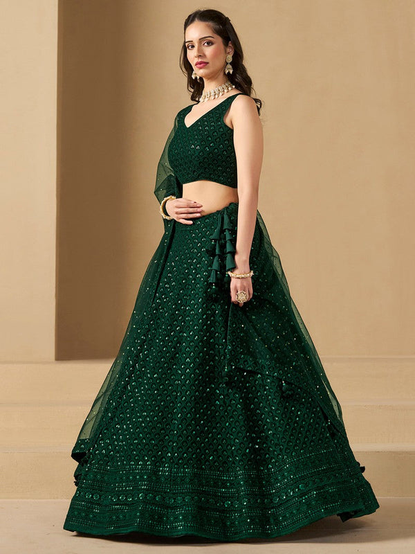 Striking Green Color Georgette Fabric Party Wear Lehenga