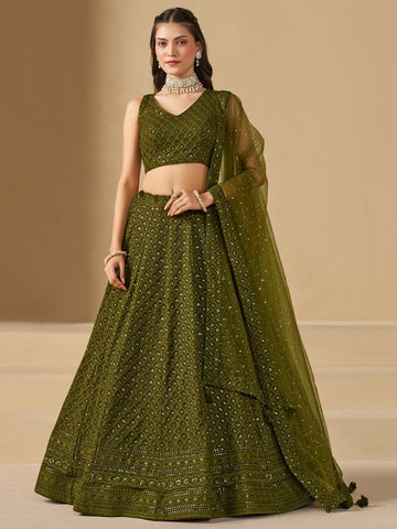 Striking Green Color Georgette Fabric Party Wear Lehenga