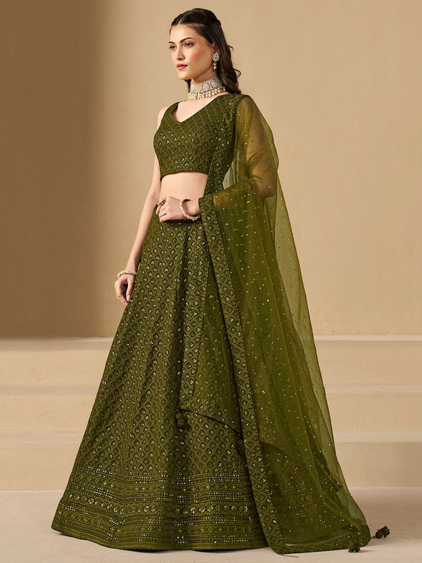 Striking Green Color Georgette Fabric Party Wear Lehenga