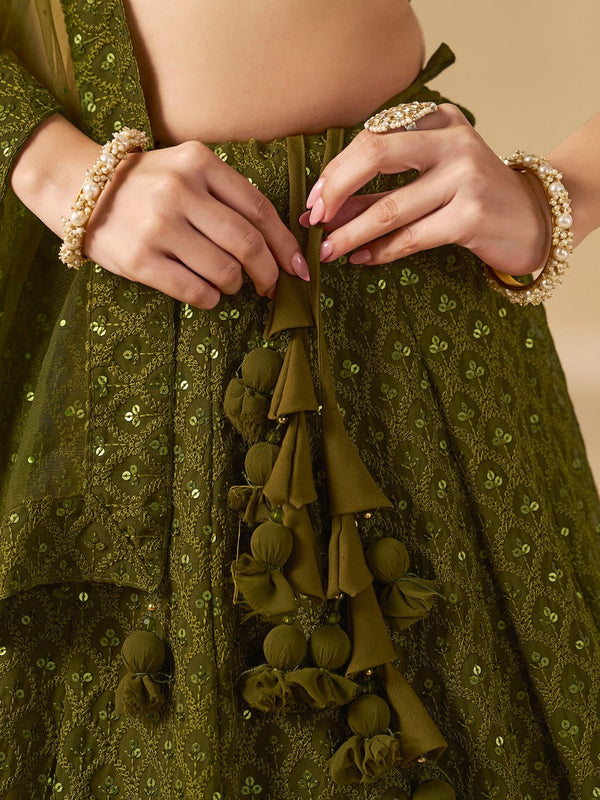 Striking Green Color Georgette Fabric Party Wear Lehenga