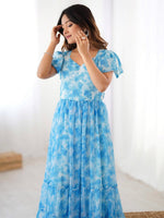 Dazzling Aqua Color Georgette Fabric Gown