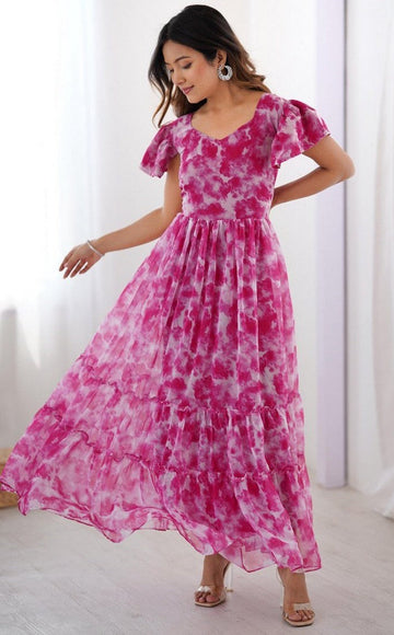 Dazzling Pink Color Georgette Fabric Gown