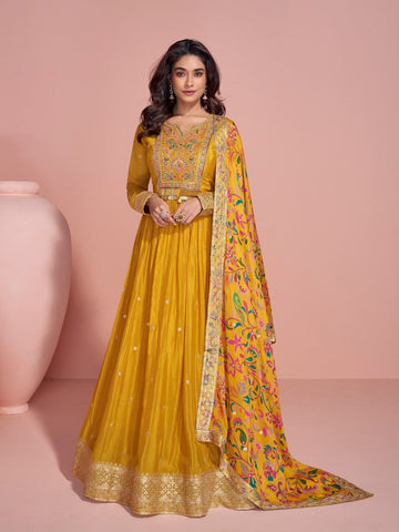 Lovely Yellow Color Chinon Fabric Partywear Suit