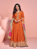 Lovely Orange Color Chinon Fabric Partywear Suit