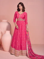 Lovely Pink Color Chinon Fabric Partywear Suit