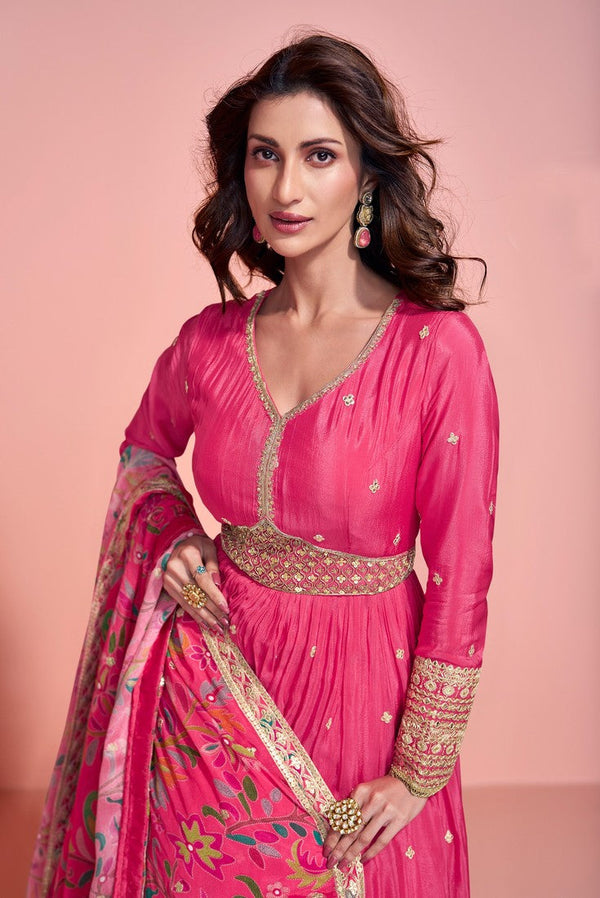 Lovely Pink Color Chinon Fabric Partywear Suit