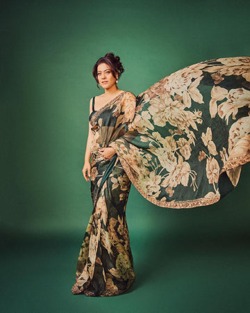 Superb Green Color Organza Fabric Designer Saree