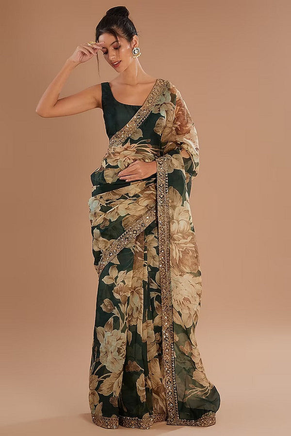 Superb Green Color Organza Fabric Designer Saree