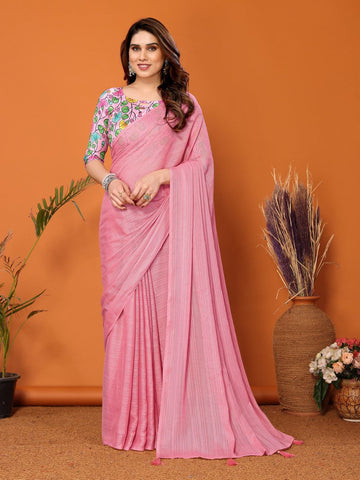 Superb Pink Color Polyester Fabric Designer Saree