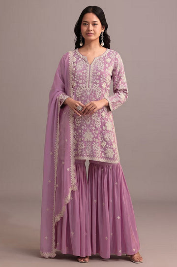 Tasteful Pink Color Georgette Fabric Sharara Suit