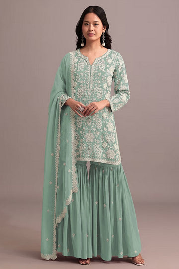 Tasteful Green Color Georgette Fabric Sharara Suit