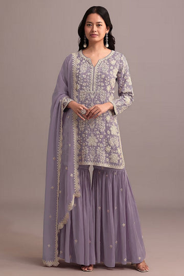 Tasteful Purple Color Georgette Fabric Sharara Suit
