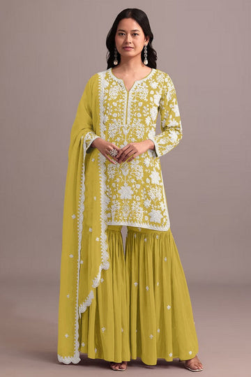 Tasteful Yellow Color Georgette Fabric Sharara Suit