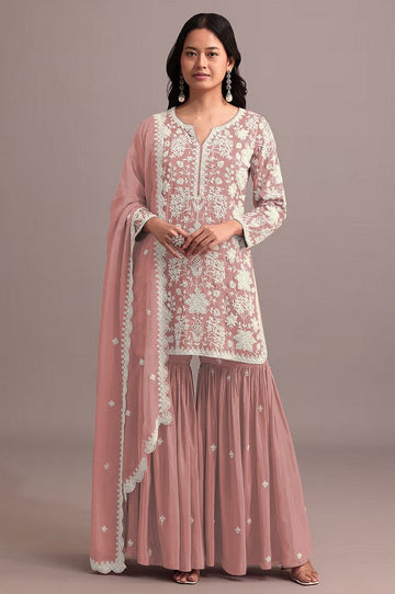 Tasteful Peach Color Georgette Fabric Sharara Suit