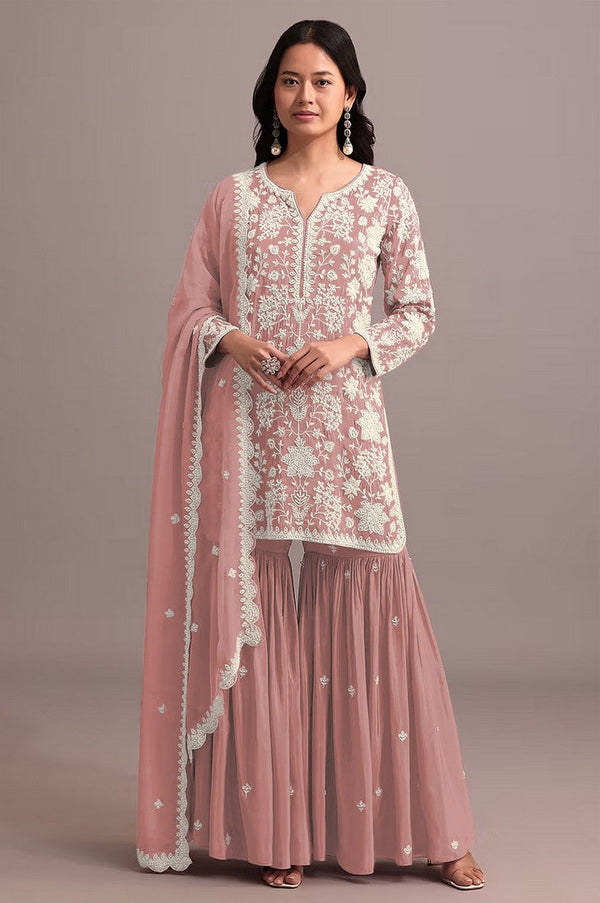 Tasteful Peach Color Georgette Fabric Sharara Suit