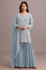 Tasteful Aqua Color Georgette Fabric Sharara Suit