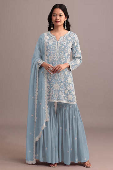 Tasteful Aqua Color Georgette Fabric Sharara Suit