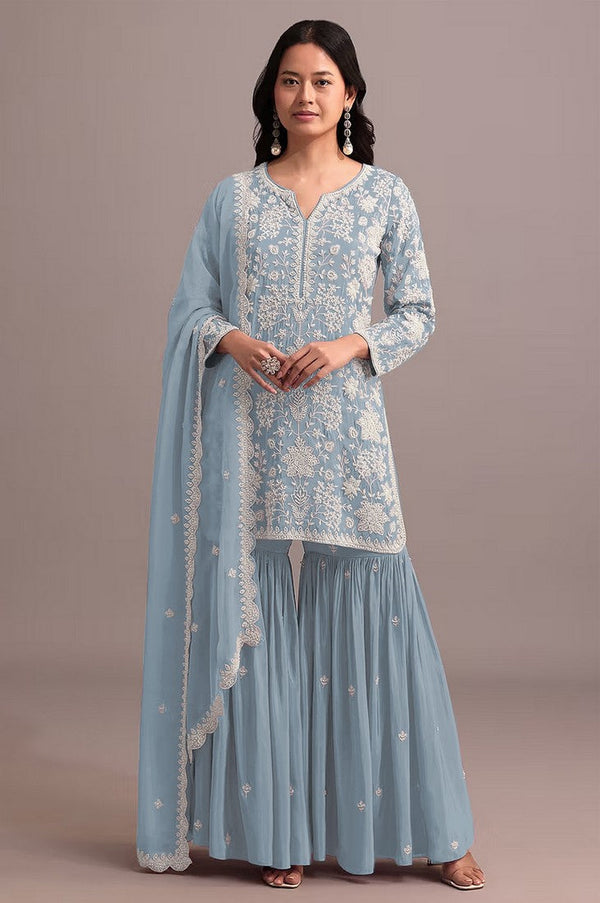 Tasteful Aqua Color Georgette Fabric Sharara Suit