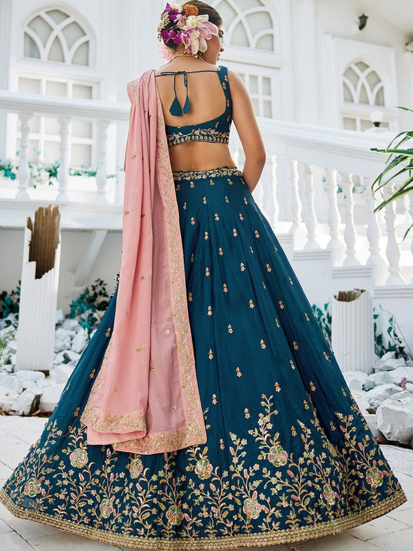 Dazzling Teal Color Chiffon Fabric Party Wear Lehenga