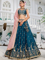 Dazzling Teal Color Chiffon Fabric Party Wear Lehenga