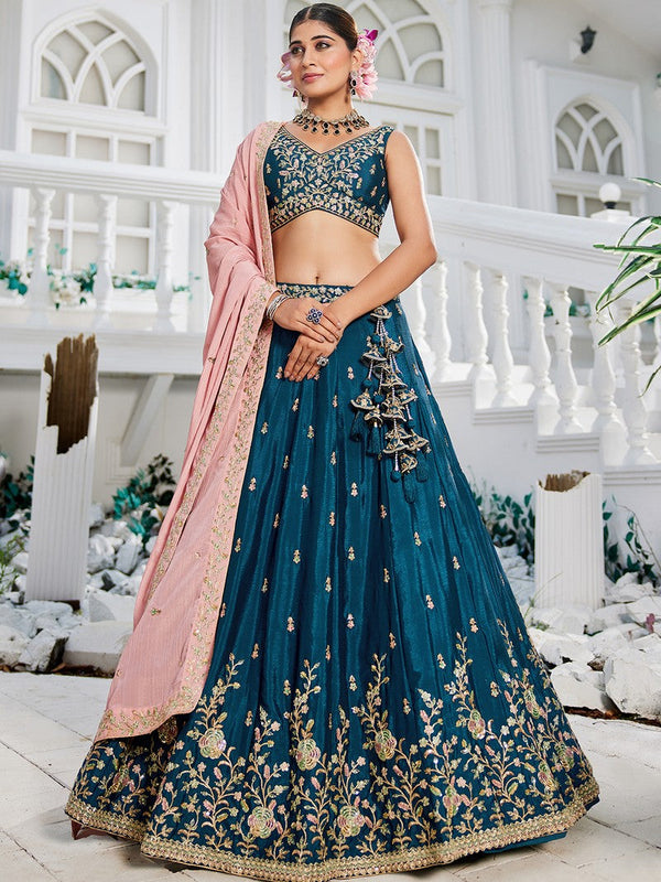 Dazzling Teal Color Chiffon Fabric Party Wear Lehenga
