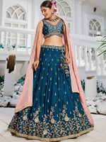 Dazzling Teal Color Chiffon Fabric Party Wear Lehenga