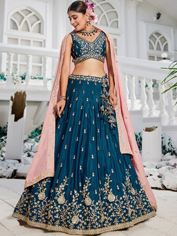 Dazzling Teal Color Chiffon Fabric Party Wear Lehenga