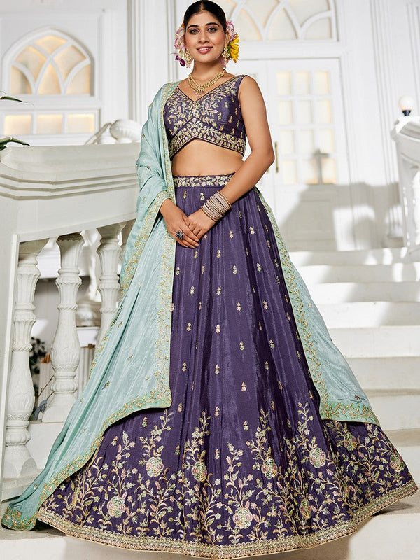 Dazzling Purple Color Chiffon Fabric Party Wear Lehenga