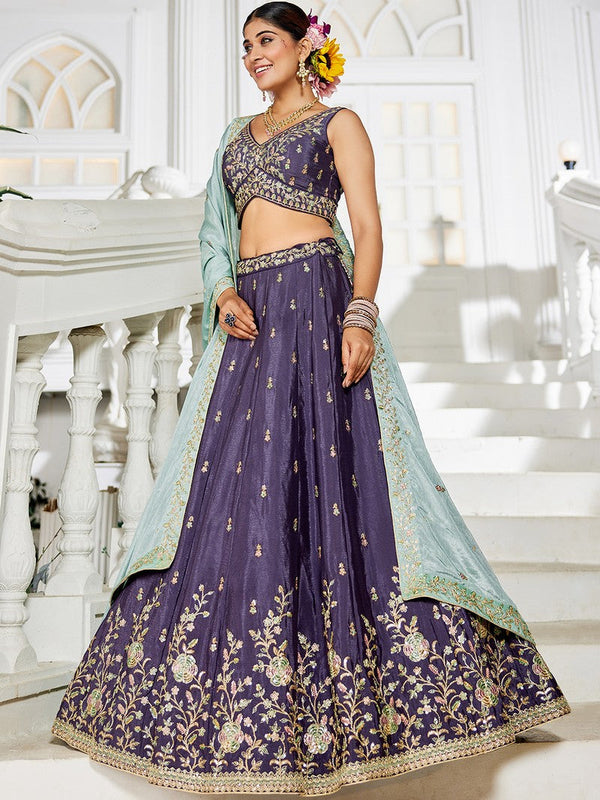 Dazzling Purple Color Chiffon Fabric Party Wear Lehenga