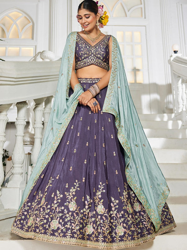 Dazzling Purple Color Chiffon Fabric Party Wear Lehenga