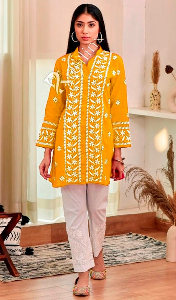 Divine Yellow Color Rayon Fabric Designer Kurti
