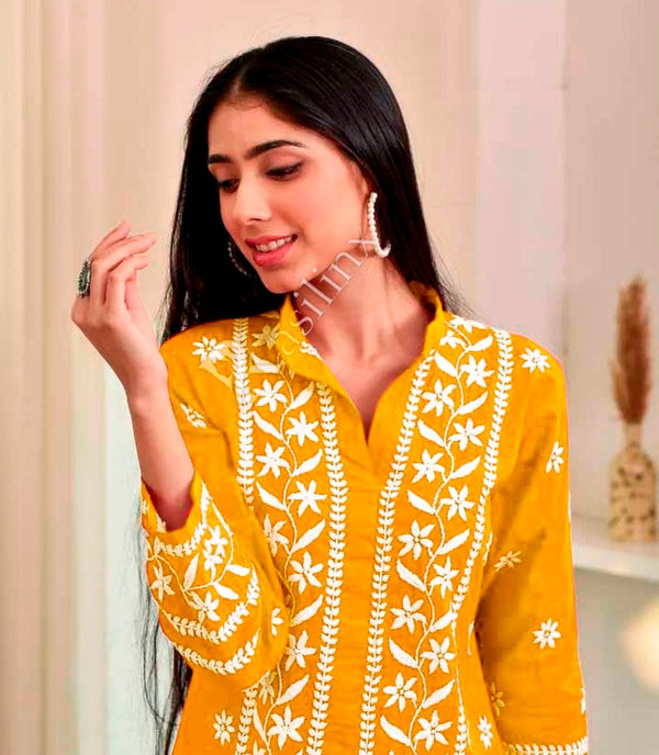Divine Yellow Color Rayon Fabric Designer Kurti
