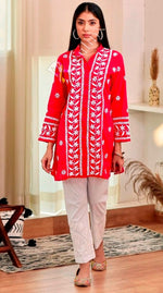 Divine Red Color Rayon Fabric Designer Kurti