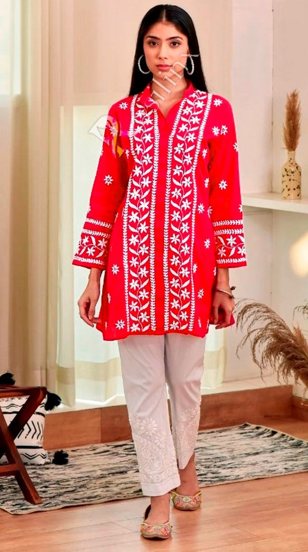 Divine Red Color Rayon Fabric Designer Kurti