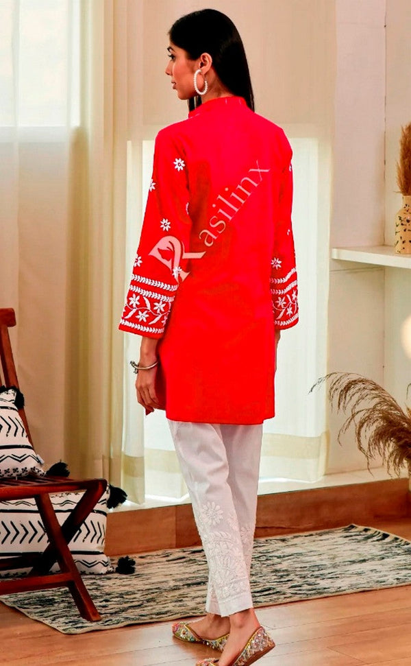 Divine Red Color Rayon Fabric Designer Kurti