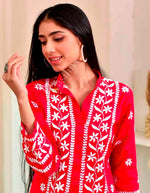 Divine Red Color Rayon Fabric Designer Kurti