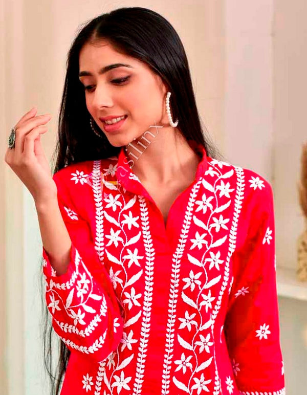 Divine Red Color Rayon Fabric Designer Kurti