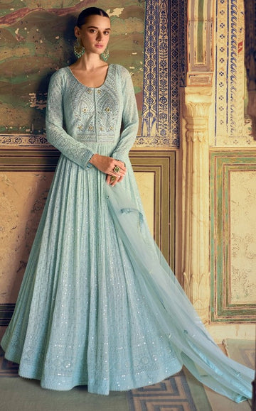 Divine Aqua Color Georgette Fabric Partywear Suit