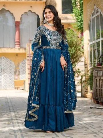 Amazing Teal Color Vichitra Fabric Gown