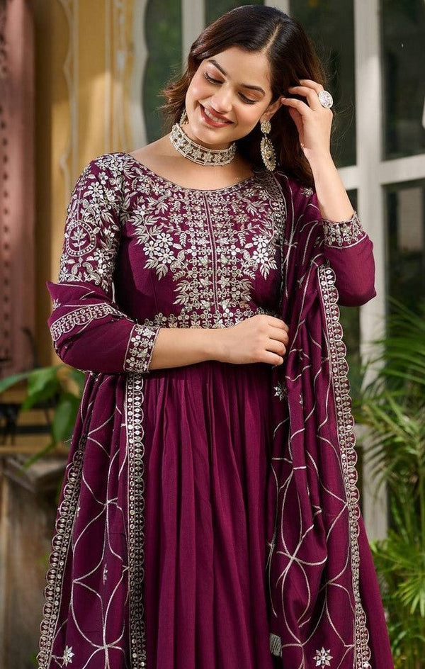 Amazing Wine Color Vichitra Fabric Gown