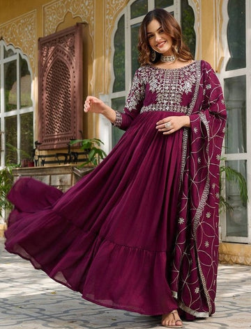 Amazing Wine Color Vichitra Fabric Gown